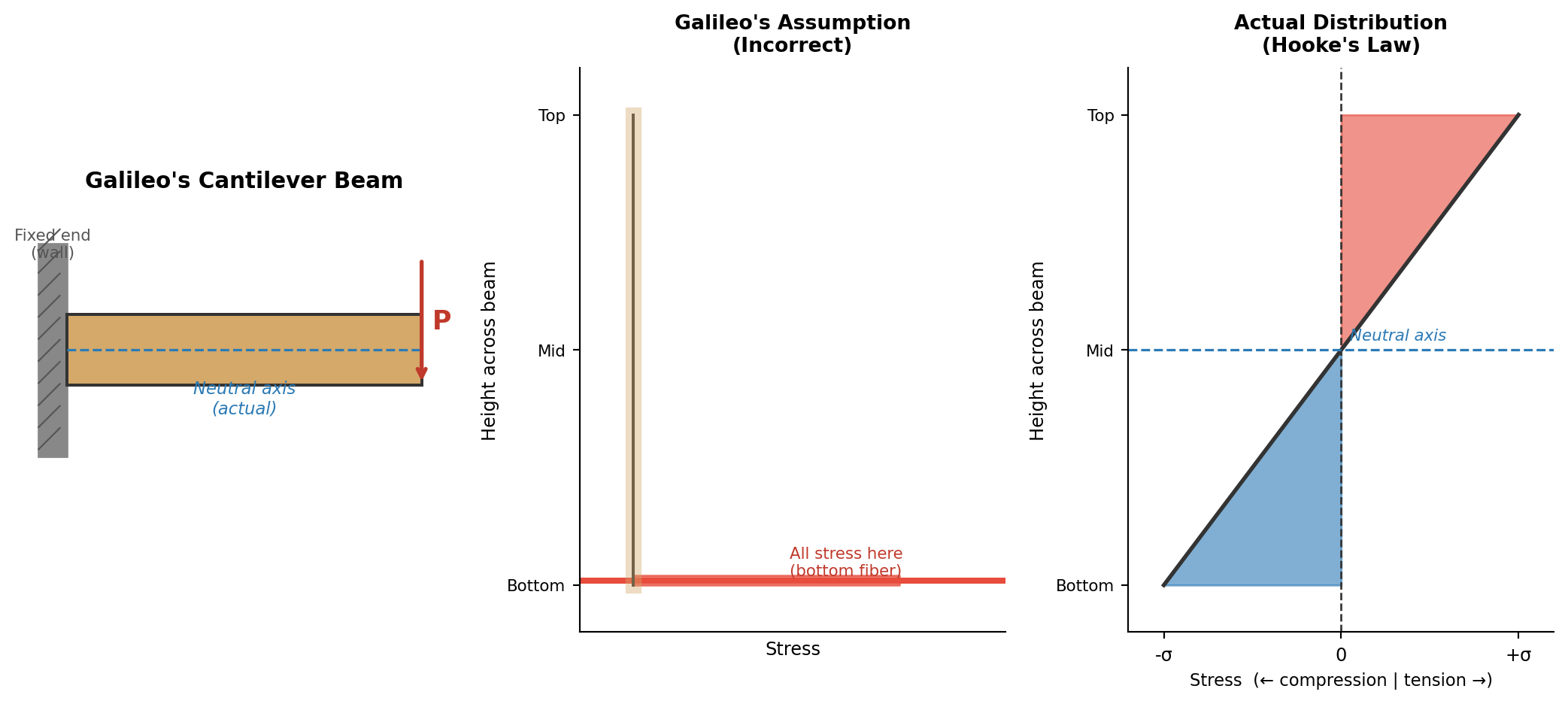 Diagram showing a cantilever beam with load P, with two cross-section stress diagrams: Galileo's assumed uniform stress at bottom fiber versus the correct linear distribution.